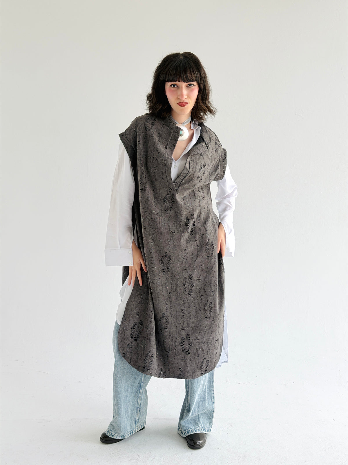 Cutout Detailed Long Vest In Grey