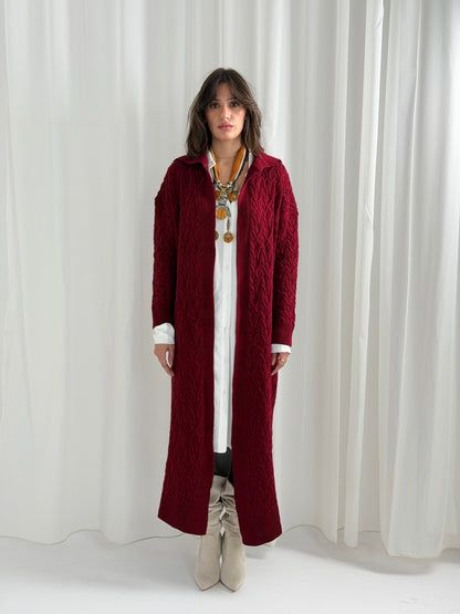 Braided Dreams Knitted Cardigan-Dark Red