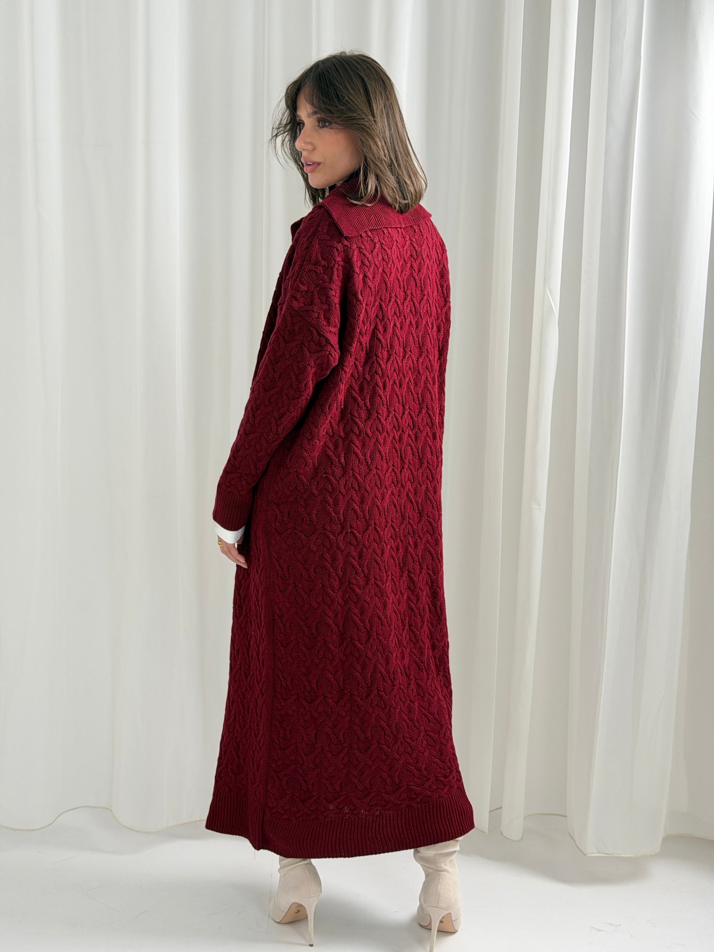 Braided Dreams Knitted Cardigan-Dark Red