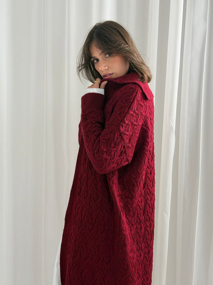 Braided Dreams Knitted Cardigan-Dark Red