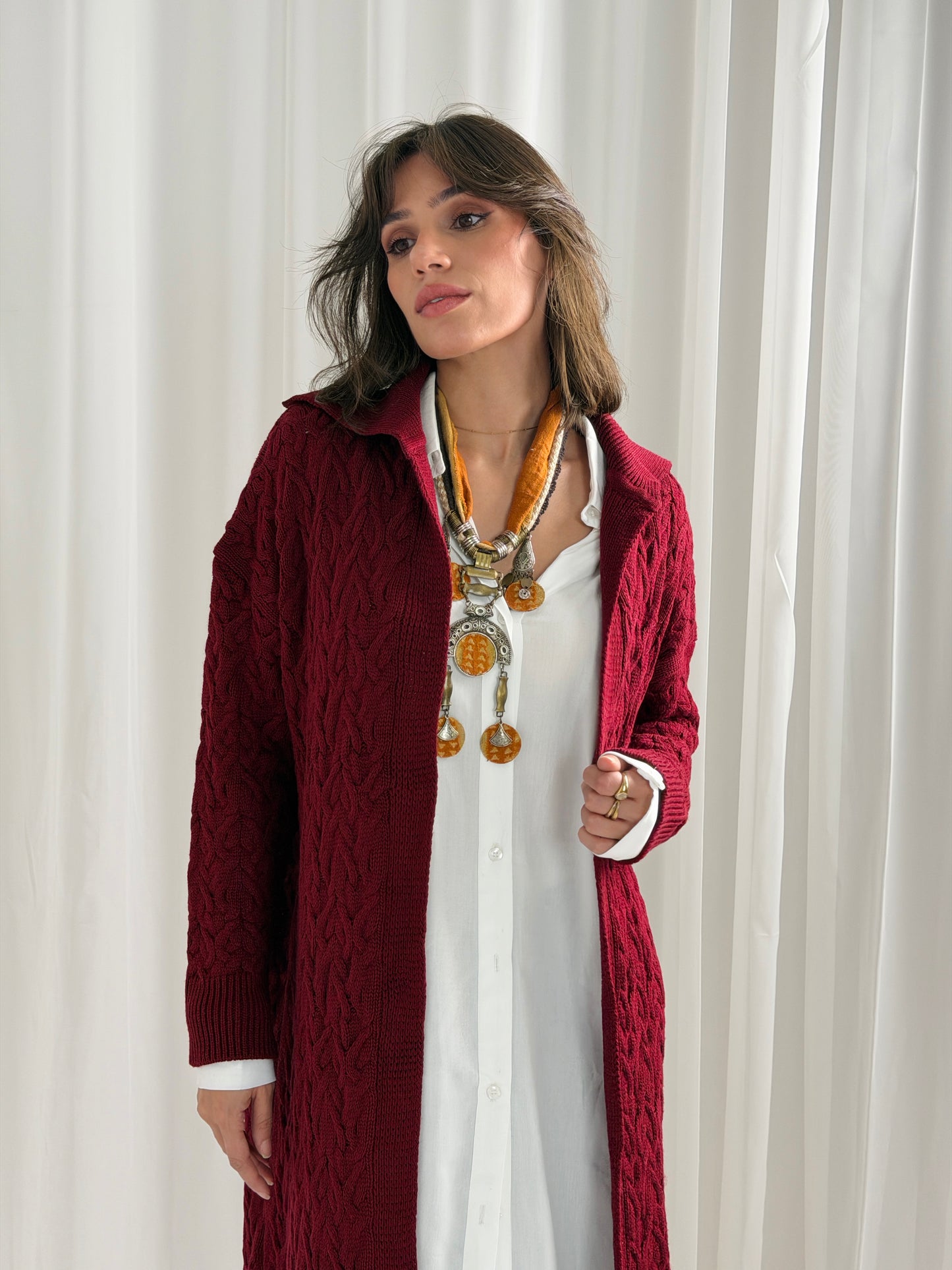Braided Dreams Knitted Cardigan-Dark Red