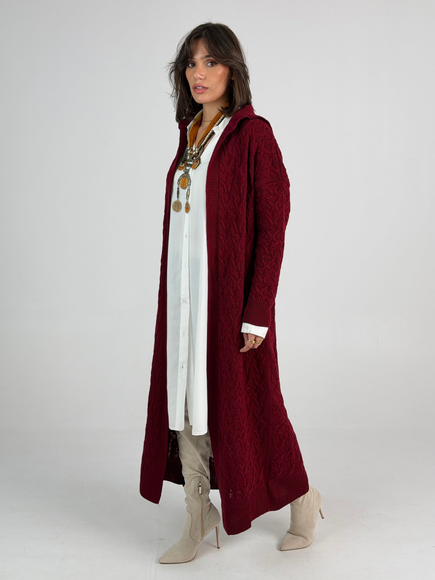 Braided Dreams Knitted Cardigan-Dark Red