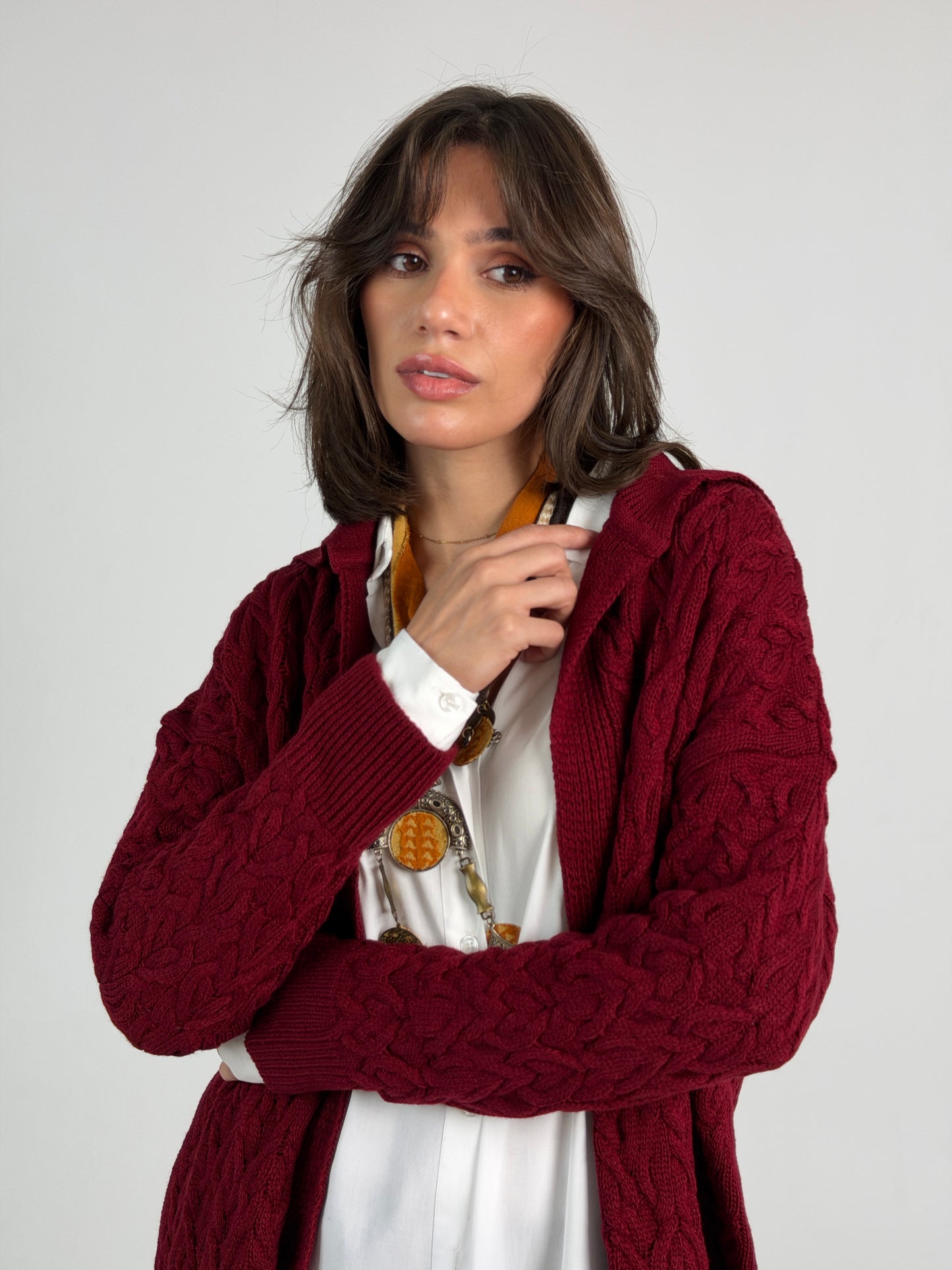 Braided Dreams Knitted Cardigan-Dark Red
