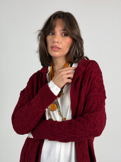 Braided Dreams Knitted Cardigan-Dark Red