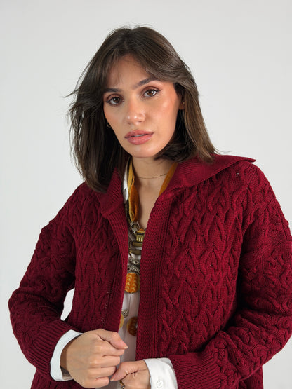 Braided Dreams Knitted Cardigan-Dark Red
