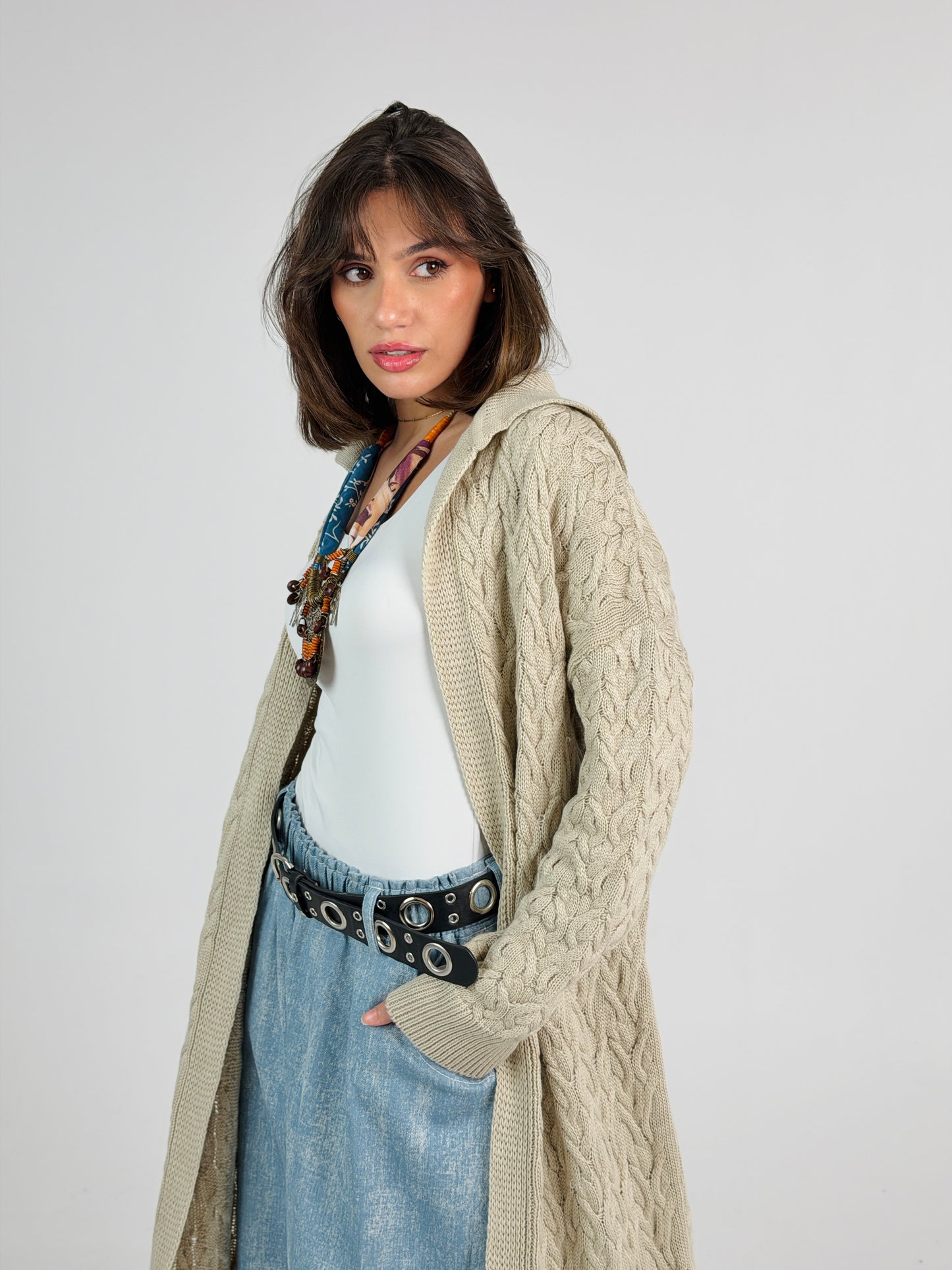 Braided Dreams Knitted Cardigan-Beige