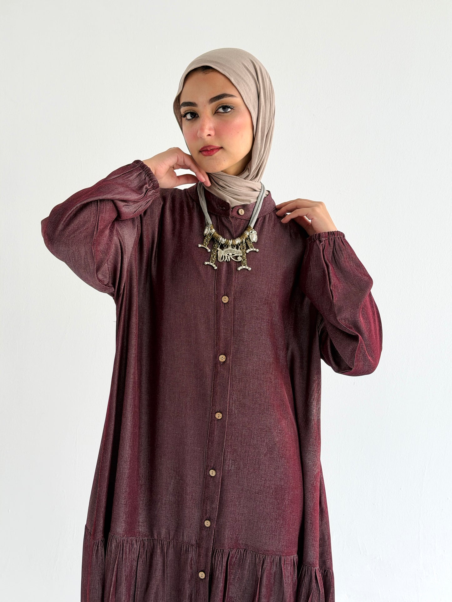 Glow Button Dress In Burgundy