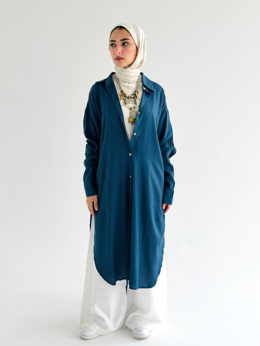 Cotton Shirt Dress In Petrol Blue