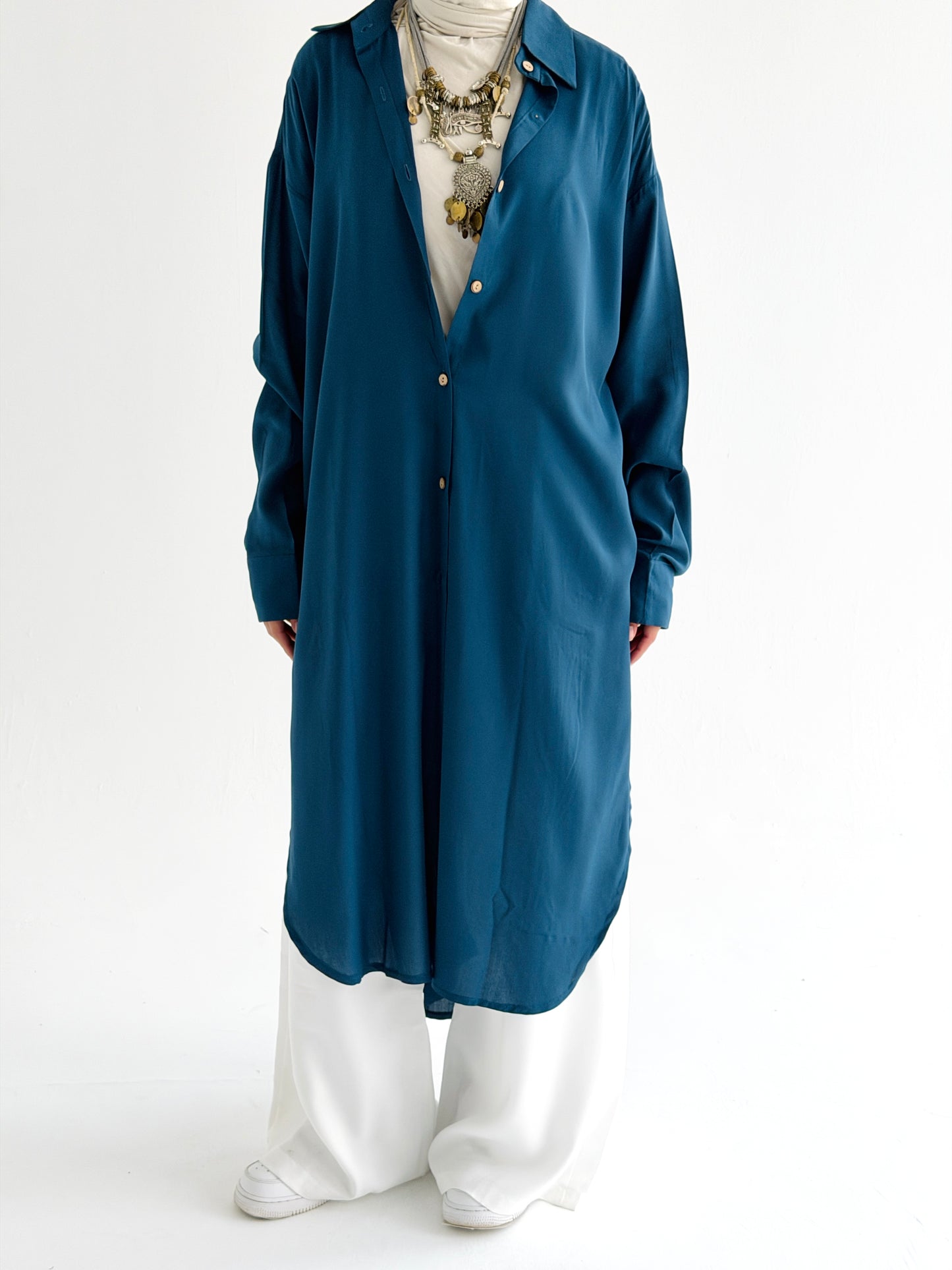 Cotton Shirt Dress In Petrol Blue