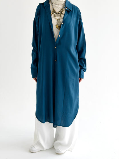 Cotton Shirt Dress In Petrol Blue