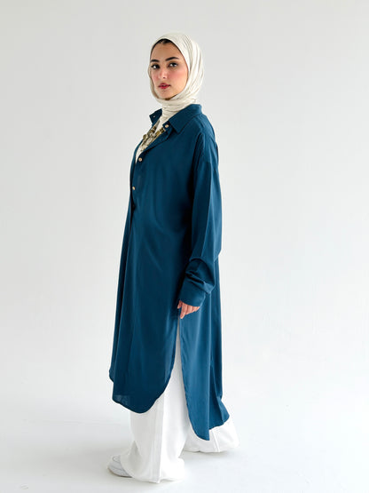 Cotton Shirt Dress In Petrol Blue