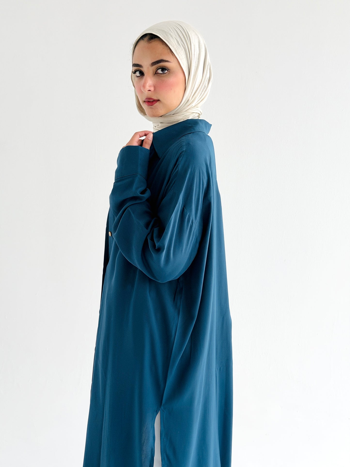 Cotton Shirt Dress In Petrol Blue