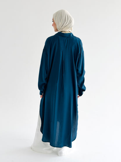 Cotton Shirt Dress In Petrol Blue