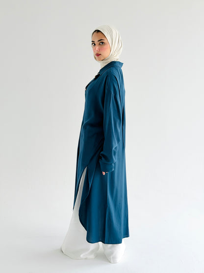 Cotton Shirt Dress In Petrol Blue