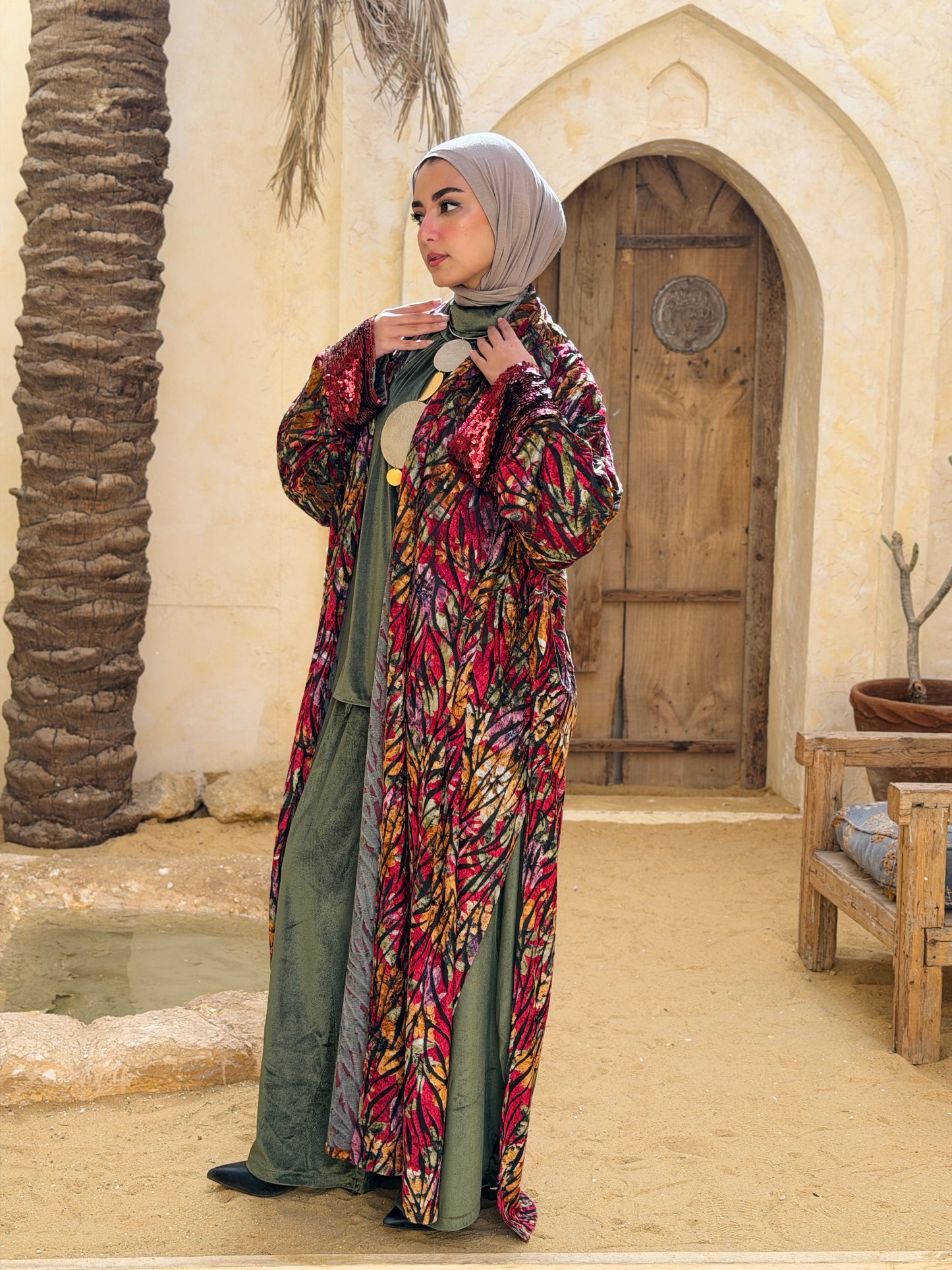 Atheer velvet Abaya in floral Red._أَثِير