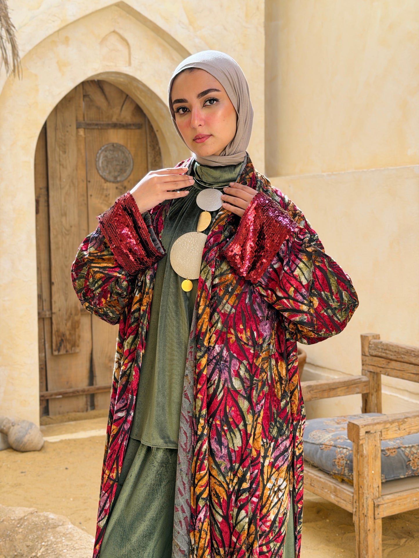 Atheer velvet Abaya in floral Red._أَثِير