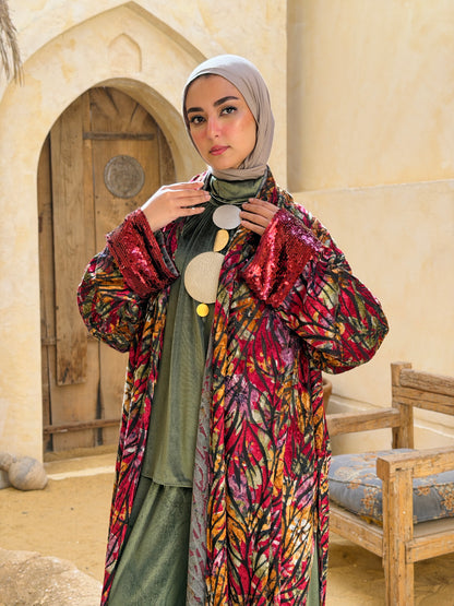 Atheer velvet Abaya in floral Red._أَثِير