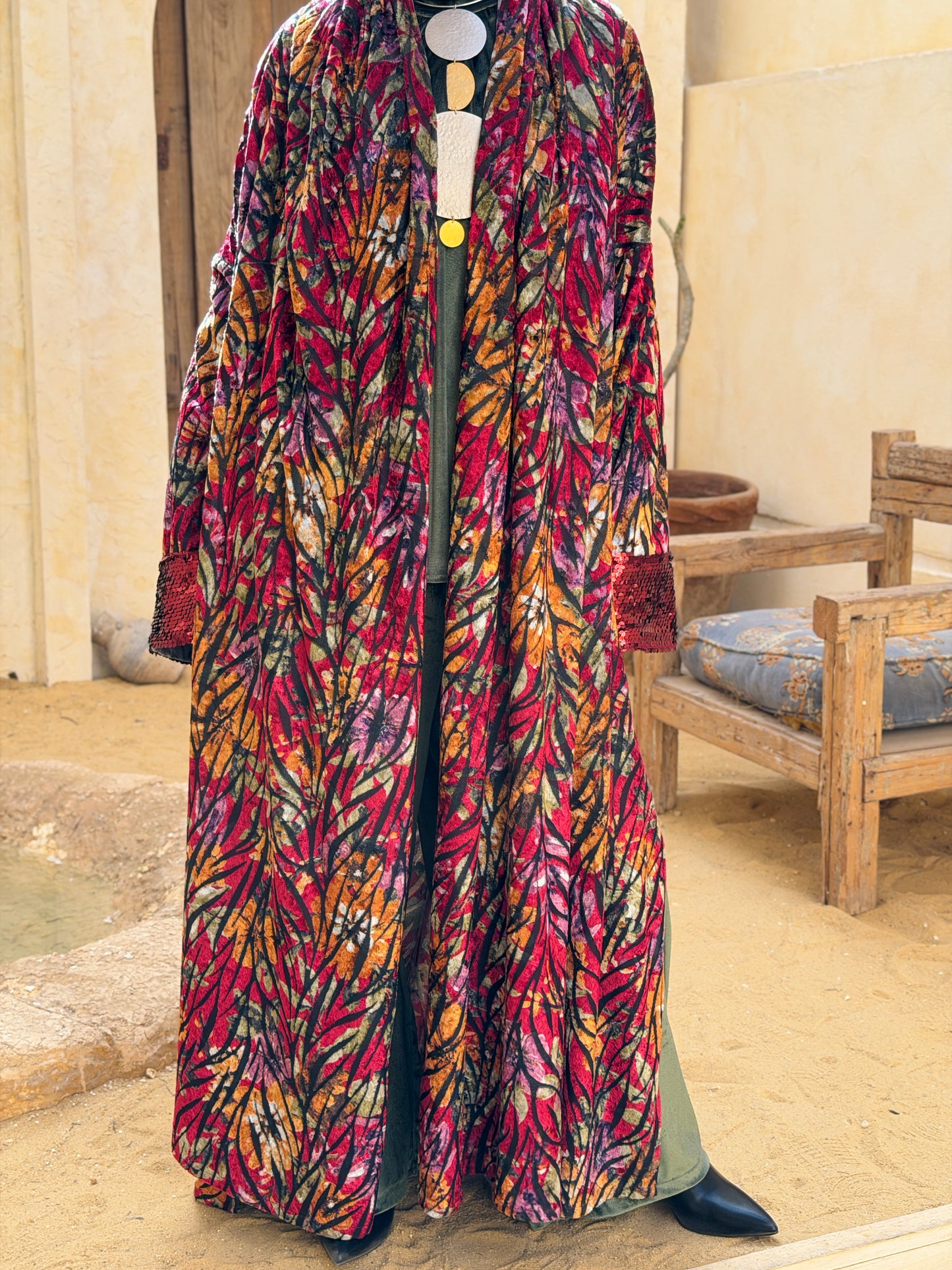Atheer velvet Abaya in floral Red._أَثِير