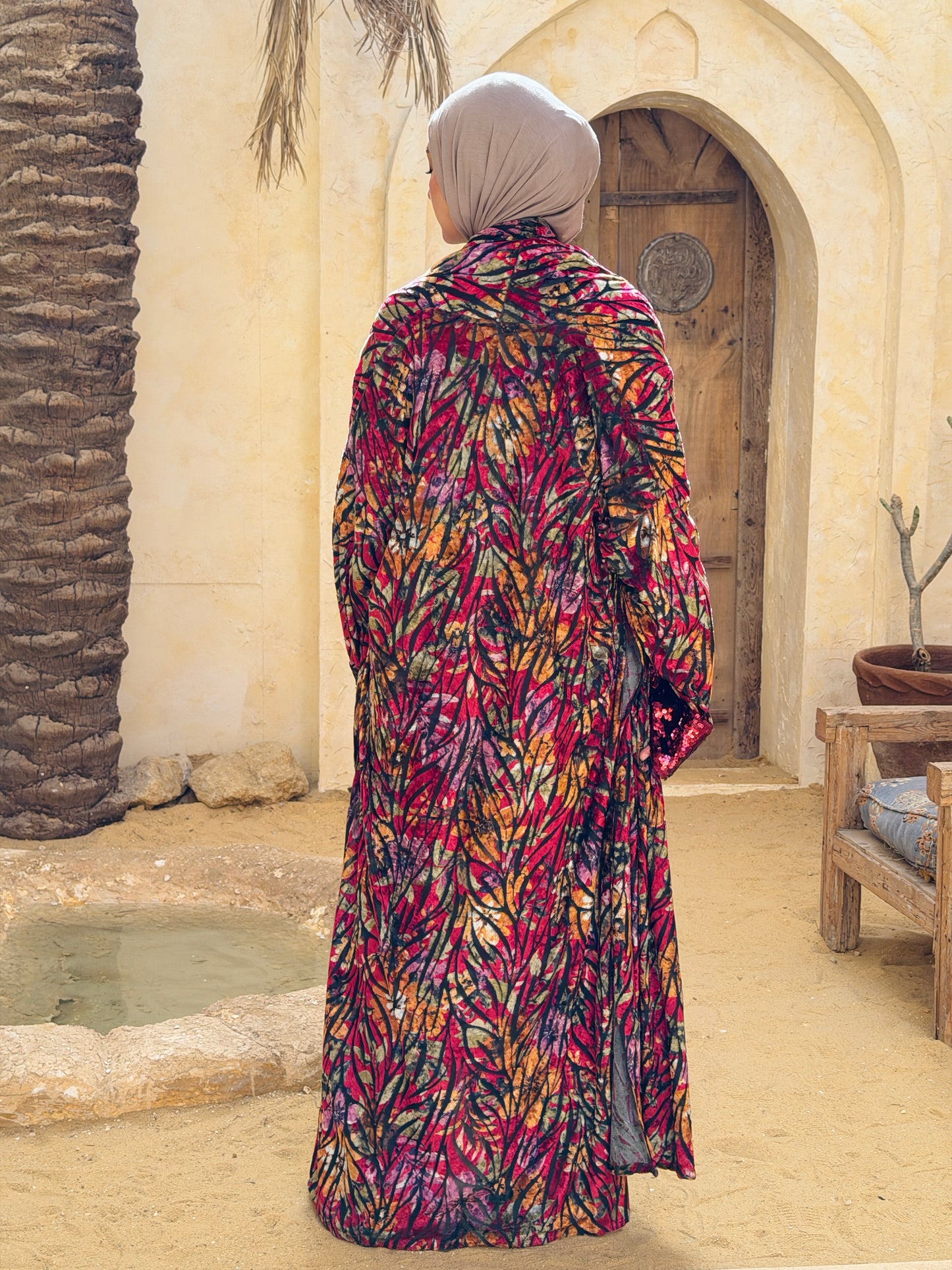 Atheer velvet Abaya in floral Red._أَثِير