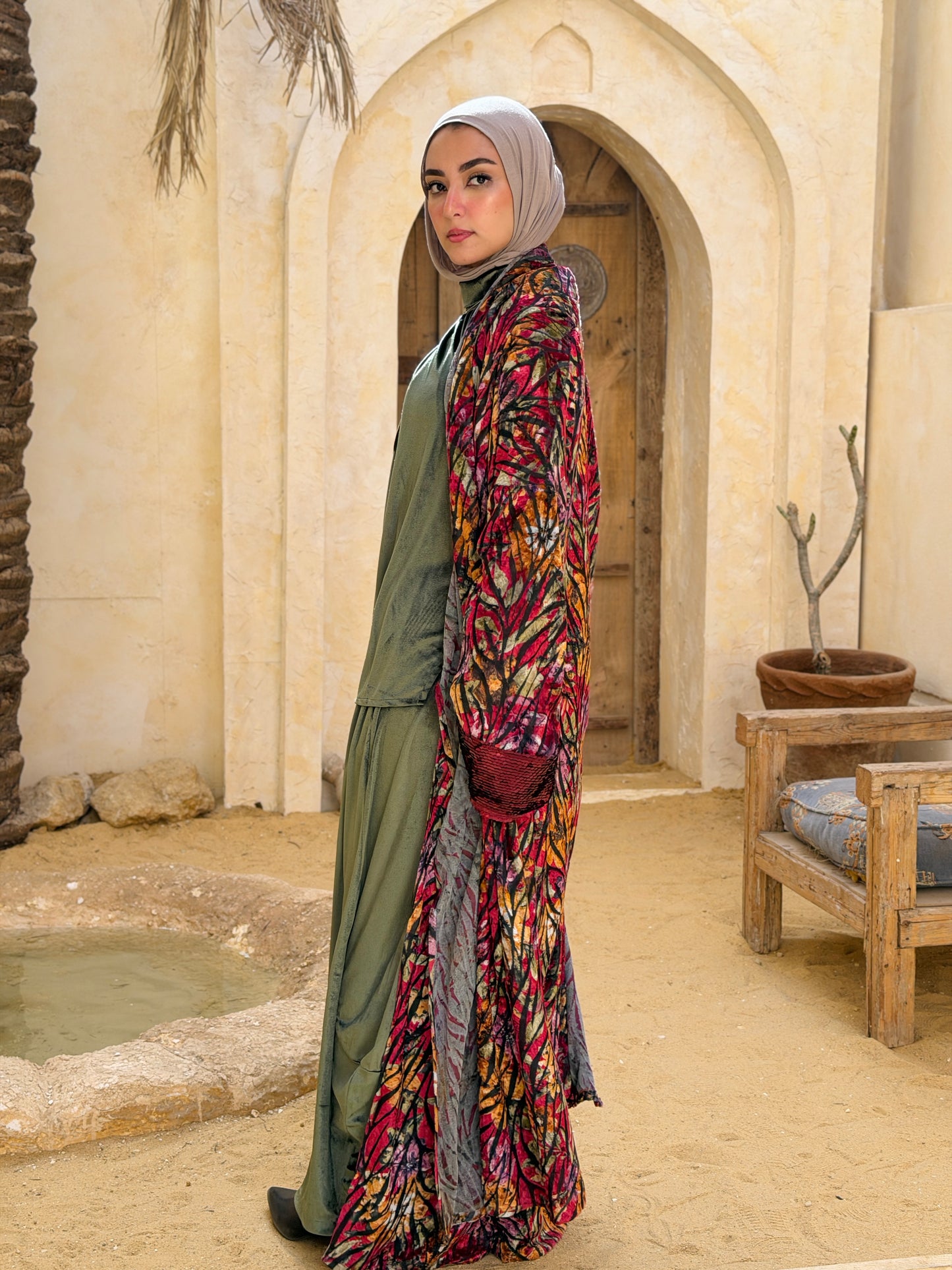 Atheer velvet Abaya in floral Red._أَثِير