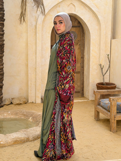 Atheer velvet Abaya in floral Red._أَثِير
