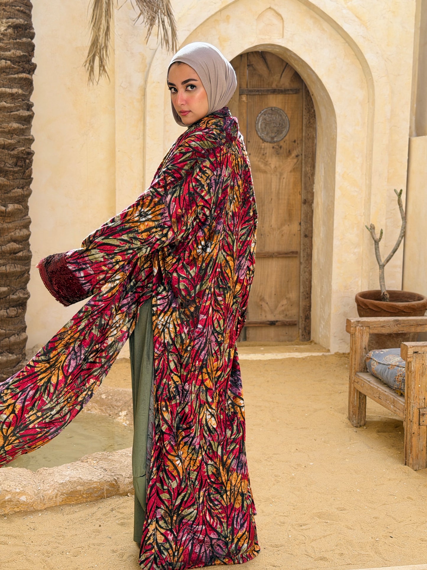 Atheer velvet Abaya in floral Red._أَثِير