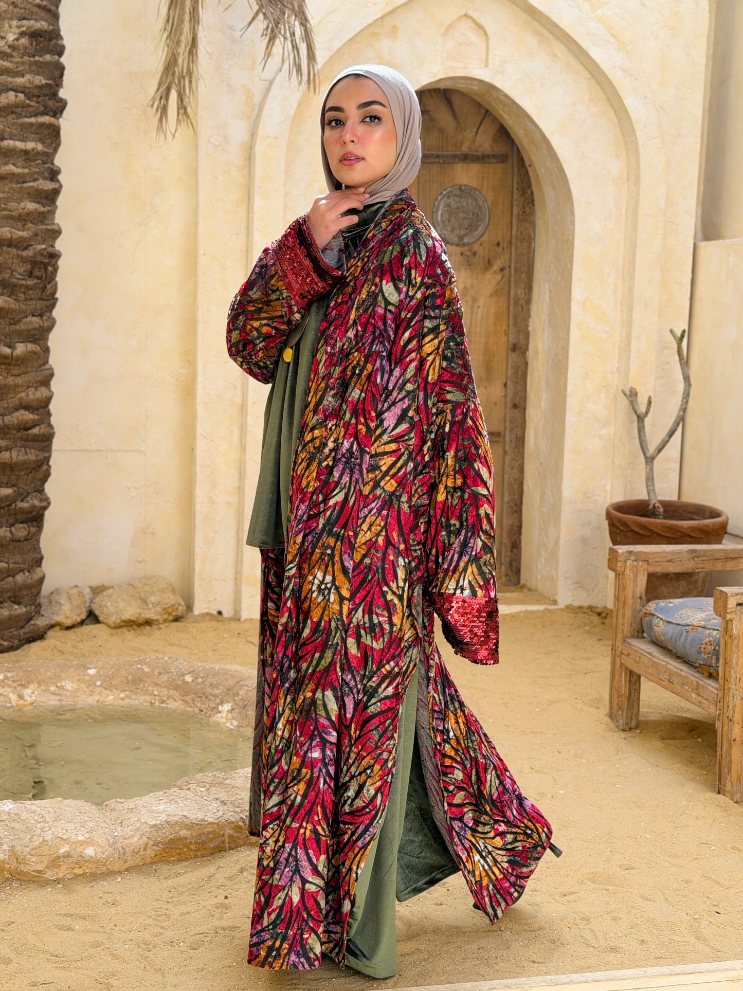 Atheer velvet Abaya in floral Red._أَثِير