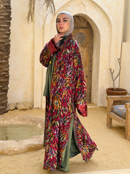 Atheer velvet Abaya in floral Red._أَثِير