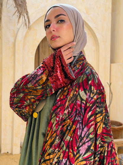 Atheer velvet Abaya in floral Red._أَثِير
