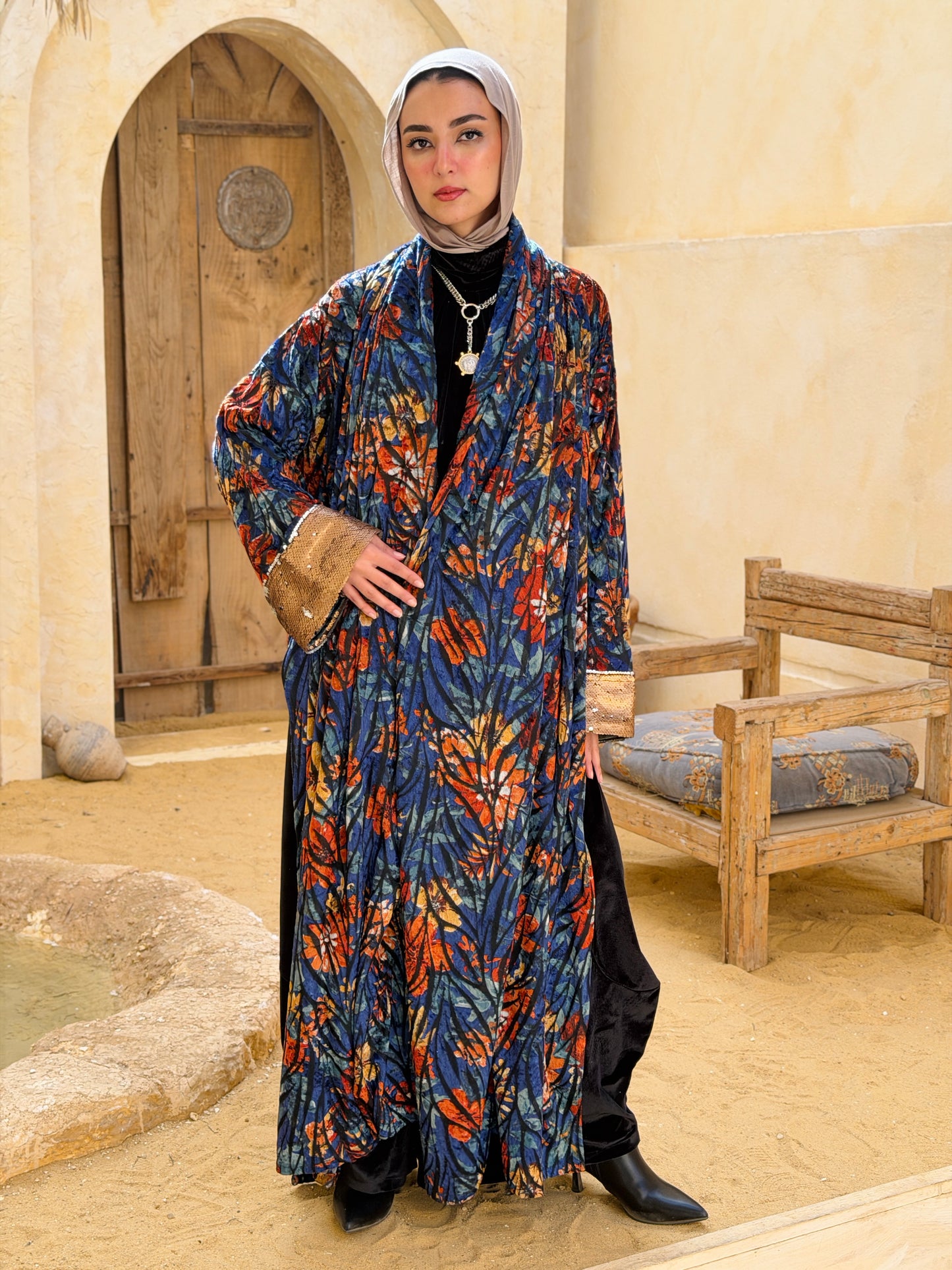 أَثِير — Atheer velvet Abaya in floral blue