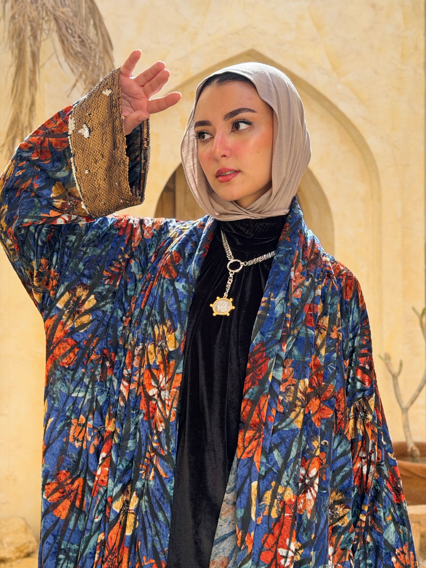 أَثِير — Atheer velvet Abaya in floral blue