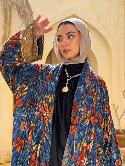 أَثِير — Atheer velvet Abaya in floral blue