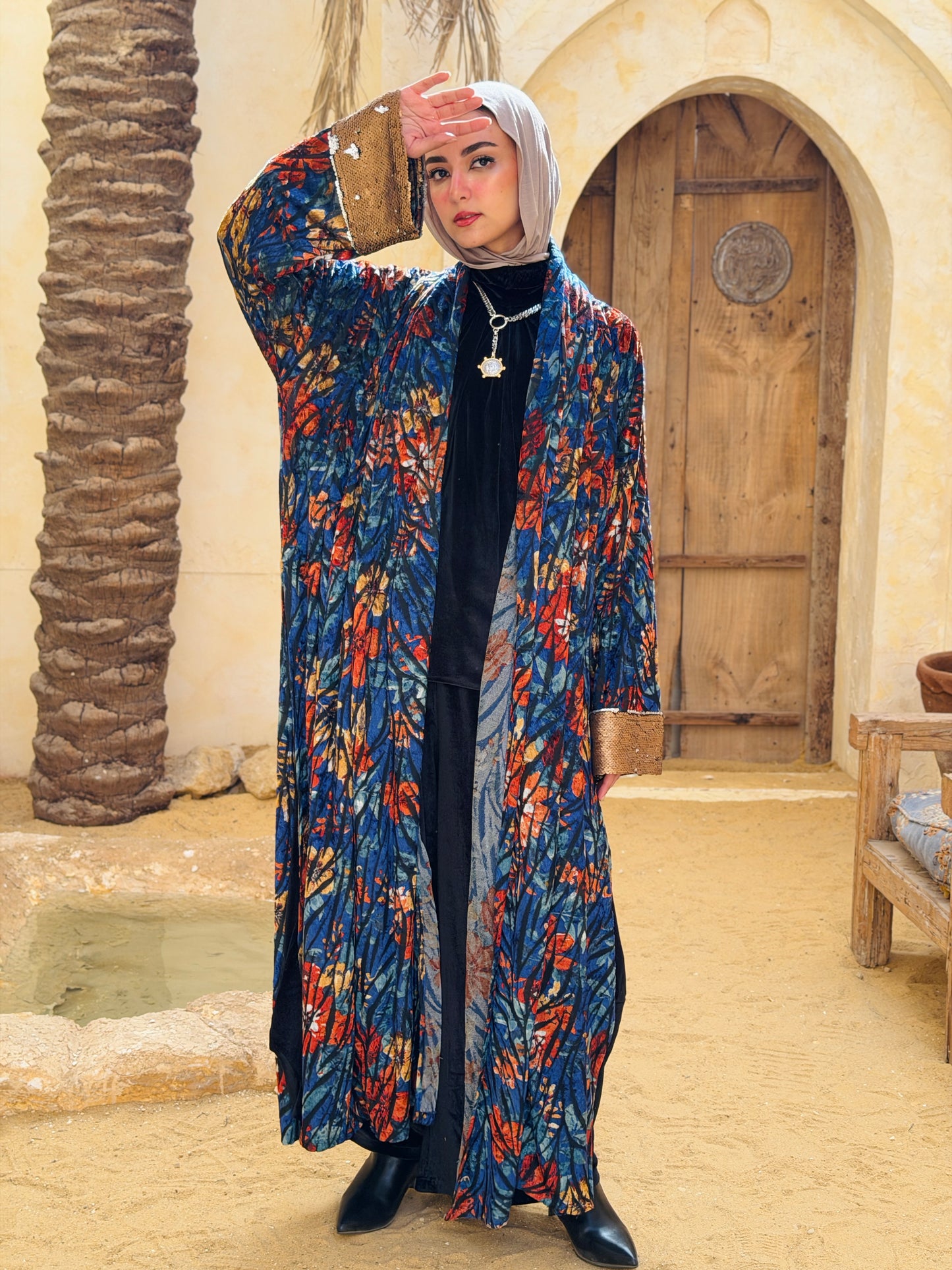 أَثِير — Atheer velvet Abaya in floral blue
