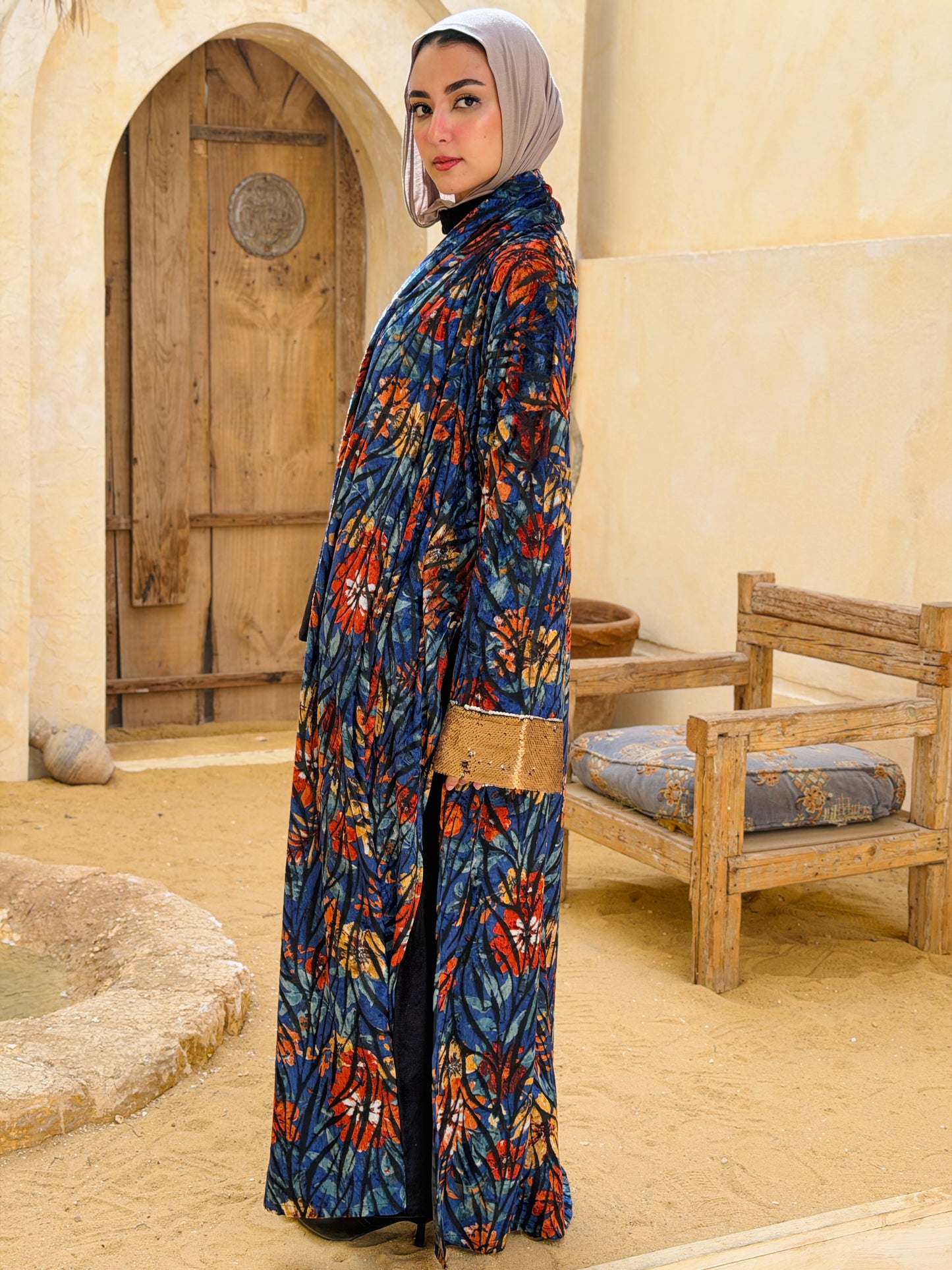 أَثِير — Atheer velvet Abaya in floral blue