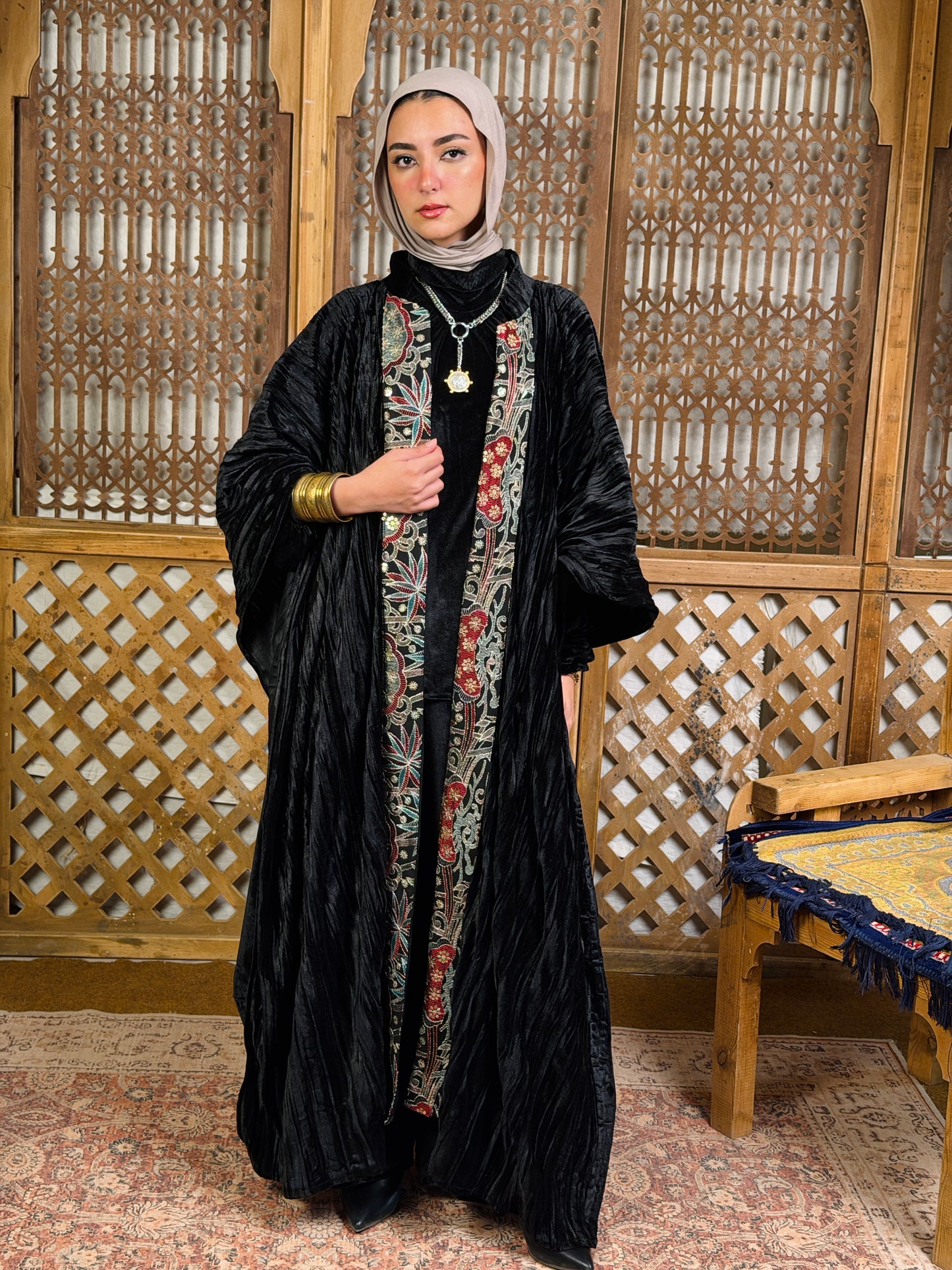 تَجَلِّي — Tagalli Luxury Crushed embroidery Velvet Cape " black "