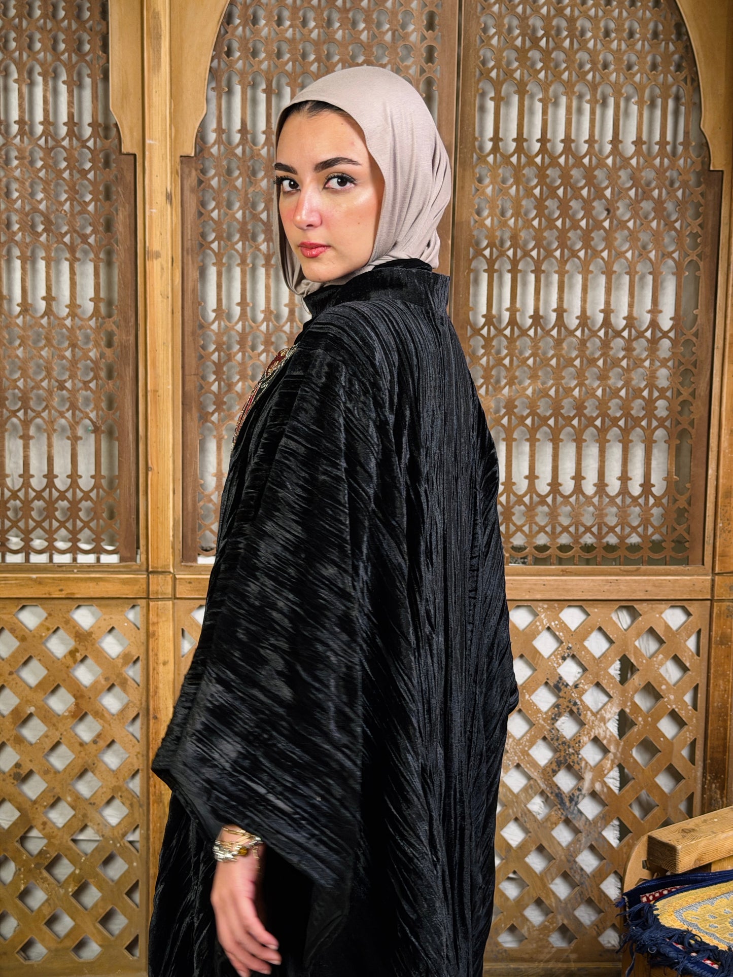 تَجَلِّي — Tagalli Luxury Crushed embroidery Velvet Cape " black "