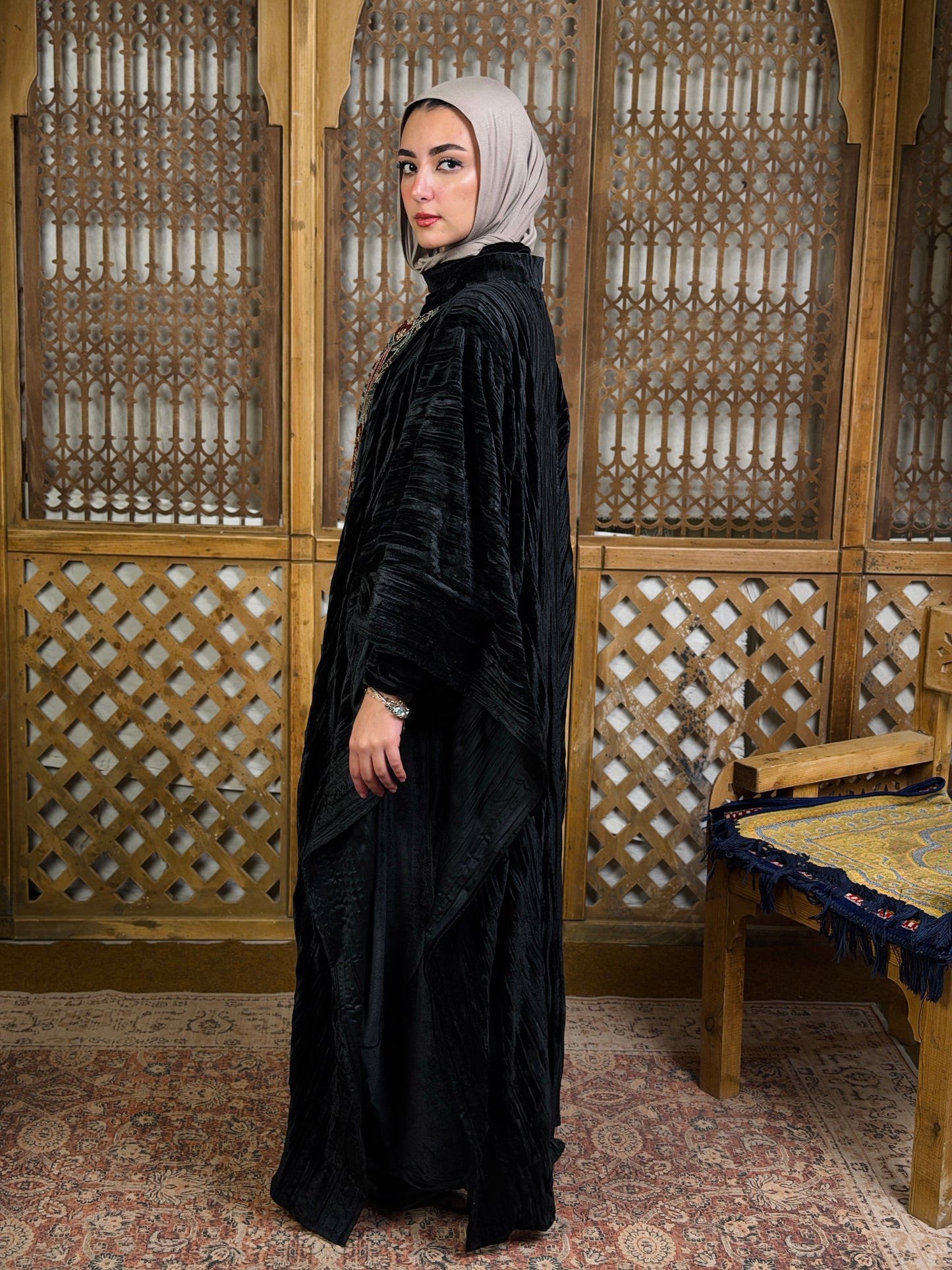 تَجَلِّي — Tagalli Luxury Crushed embroidery Velvet Cape " black "