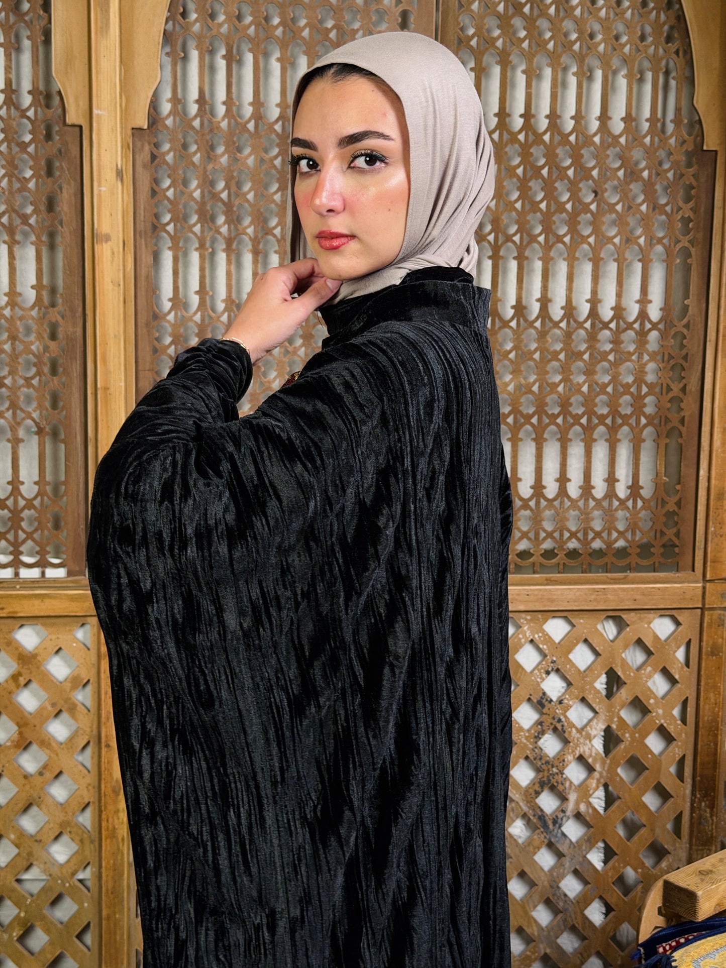 تَجَلِّي — Tagalli Luxury Crushed embroidery Velvet Cape " black "