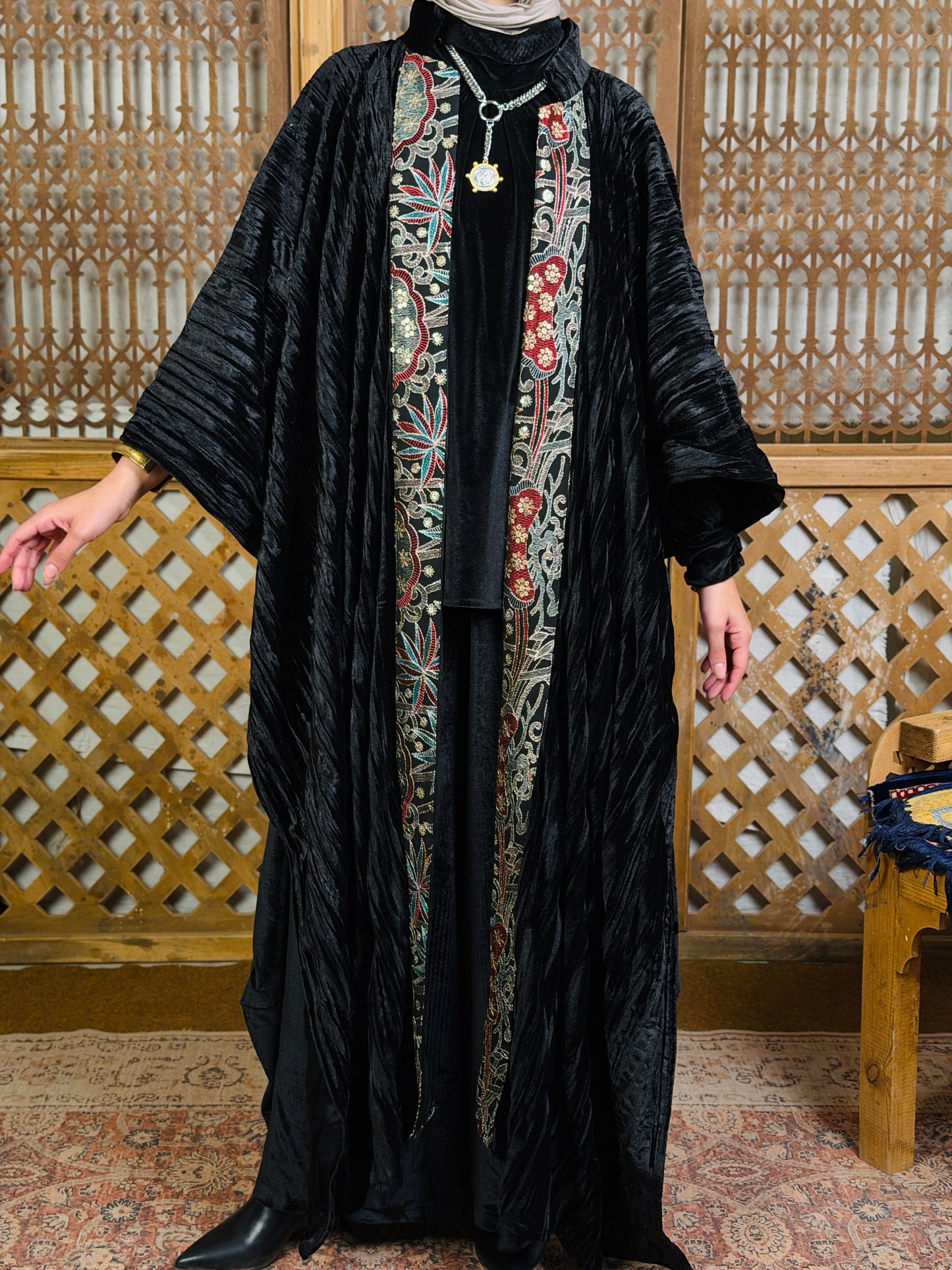 تَجَلِّي — Tagalli Luxury Crushed embroidery Velvet Cape " black "