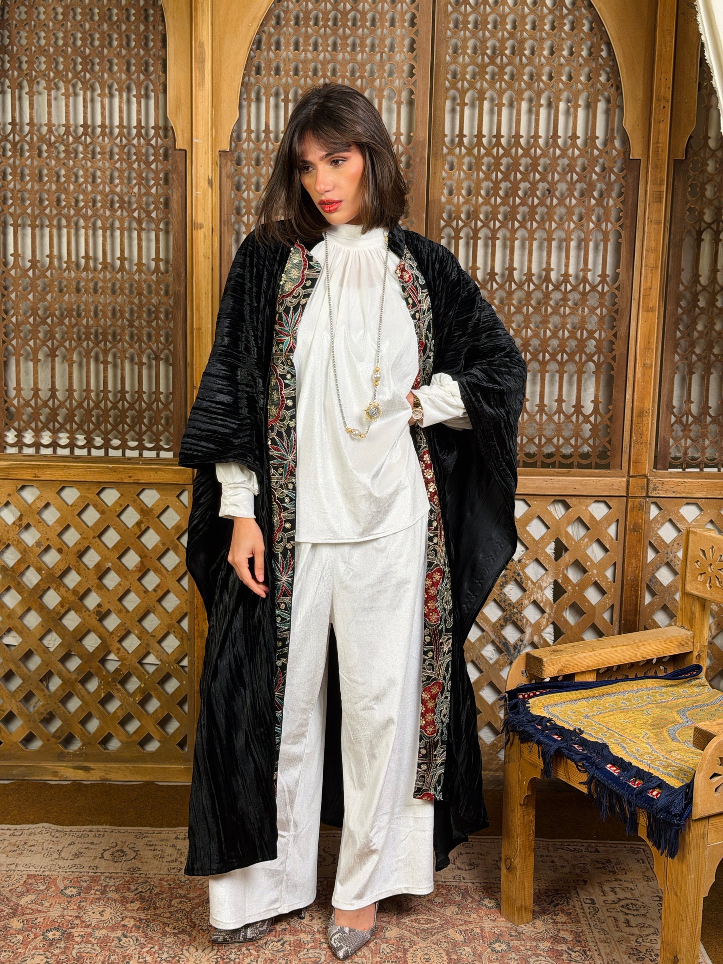 تَجَلِّي — Tagalli Luxury Crushed embroidery Velvet Cape " black "