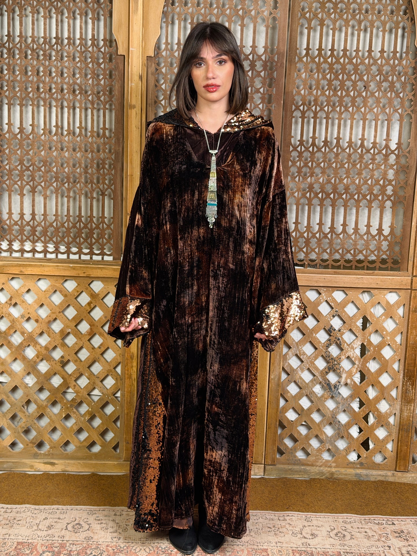 طَيْف - Taif Sequin Hooded Velvet in brown