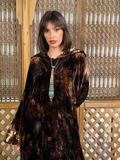 طَيْف - Taif Sequin Hooded Velvet in brown
