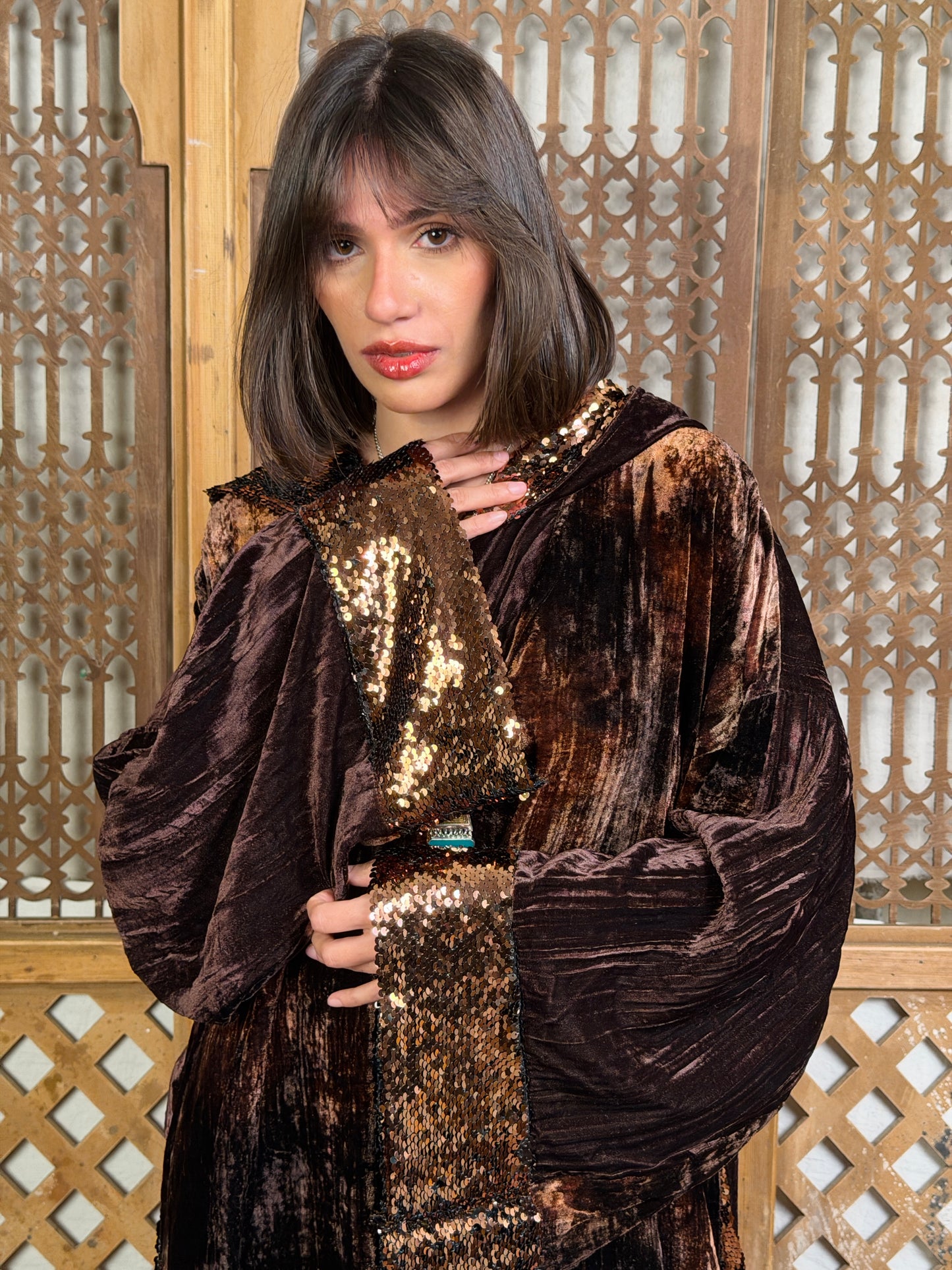 طَيْف - Taif Sequin Hooded Velvet in brown