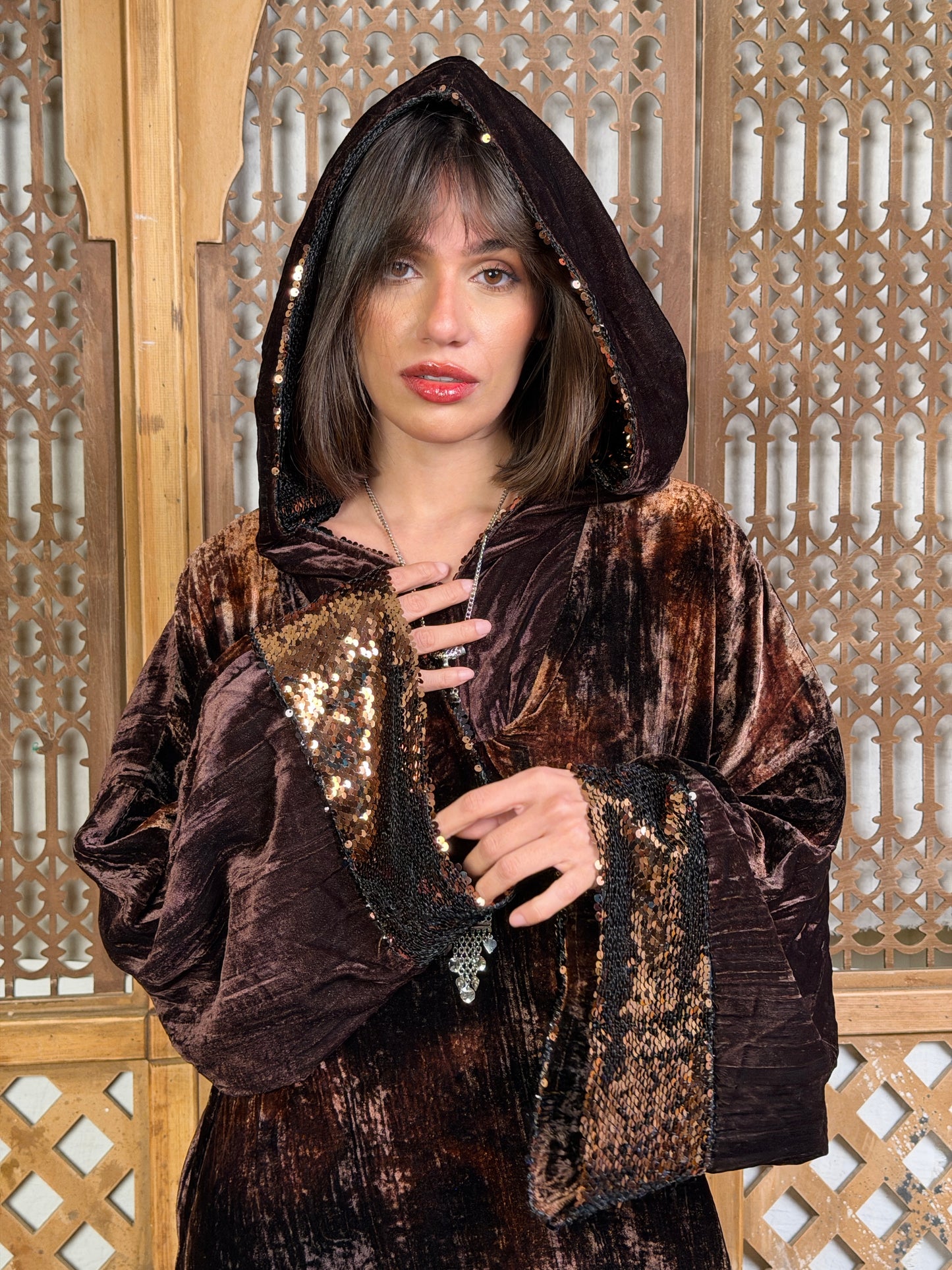طَيْف - Taif Sequin Hooded Velvet in brown