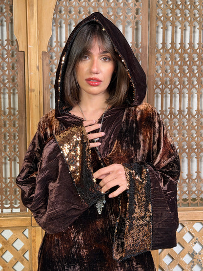 طَيْف - Taif Sequin Hooded Velvet in brown