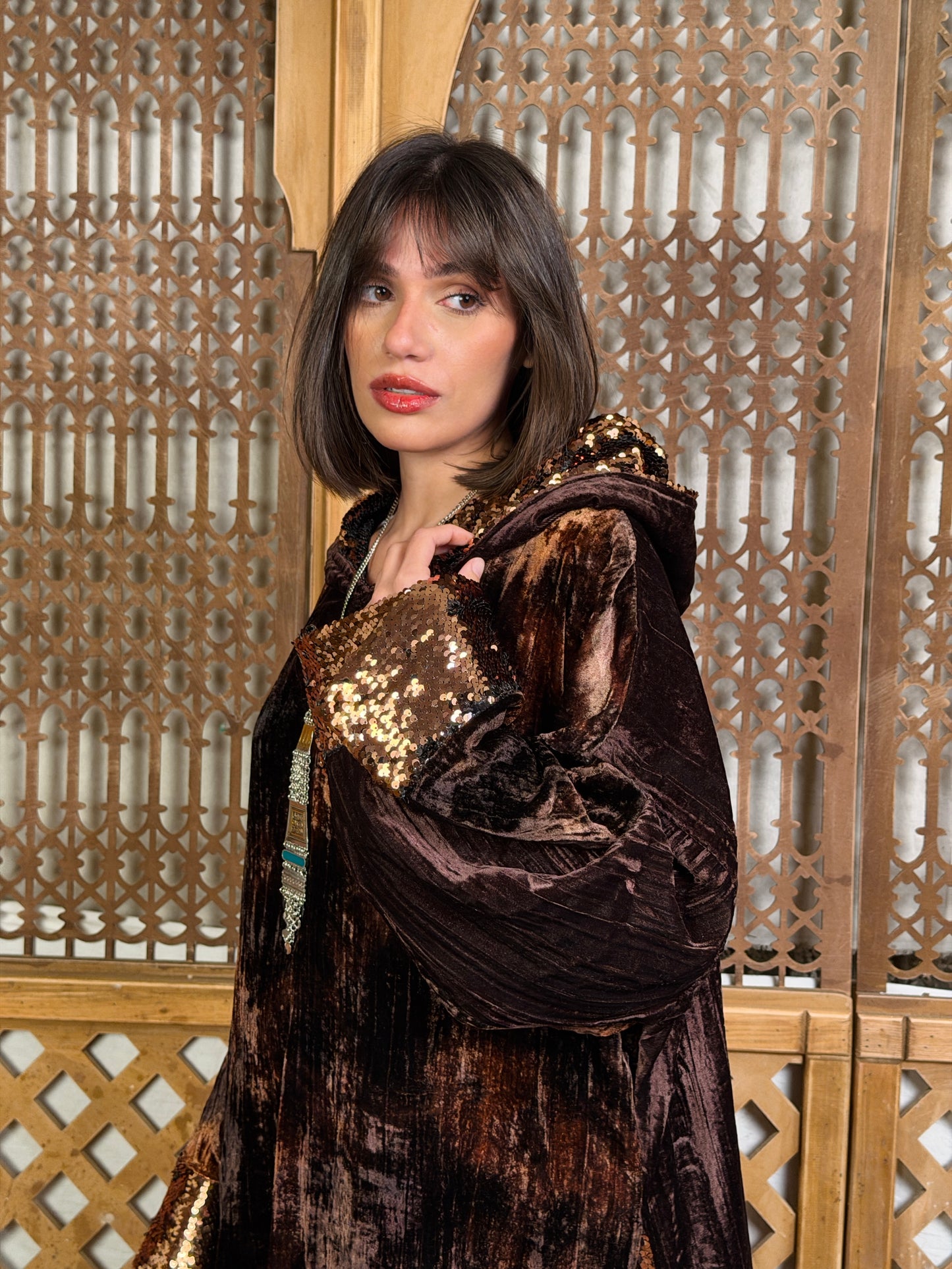 طَيْف - Taif Sequin Hooded Velvet in brown