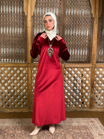 Lamsa - لَمْسَة Velvet Dress with adjustable belt"red"