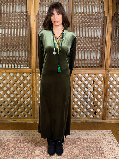 Lamsa - لَمْسَة Velvet Dress with adjustable belt"olive"