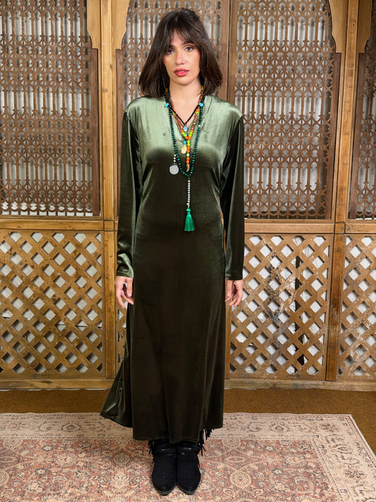 Lamsa - لَمْسَة Velvet Dress with adjustable belt"olive"