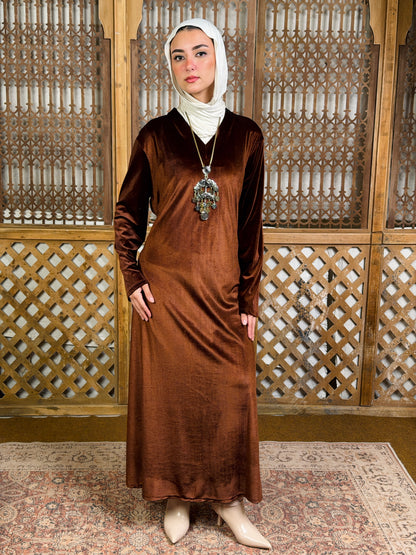 Lamsa - لَمْسَة Velvet Dress with adjustable belt"brown"